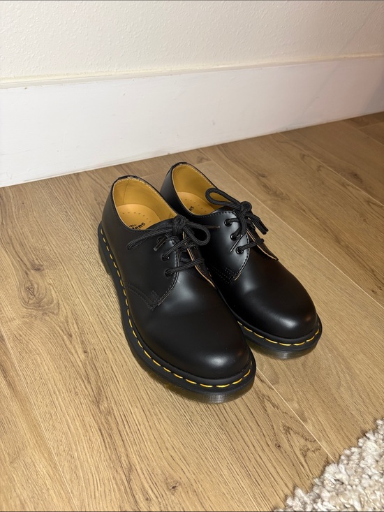 Dr. Martens Shoes - Dr. Martens Black Leather 3-Eye Derby with Yellow Welt Stitching